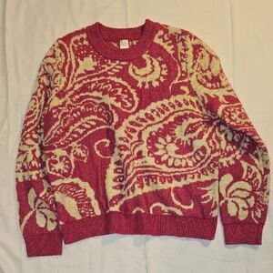 Red and Cream Paisley Knit Sweater